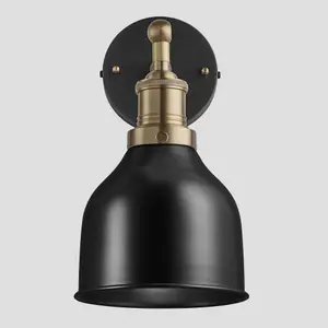 Industville Brooklyn Cone Wall Light, 7 Inch, Black, Brass Holder