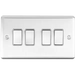 4 Gang Quad Light Switch SATIN STEEL 2 Way 10A Grey Trim & Metal Rocker