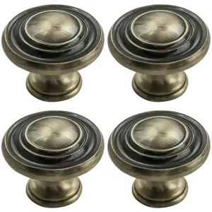 4x Round Ringed Pattern Door Knob 32mm Diameter Antique Burnished Brass Handle