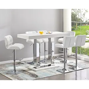 Caprice Large White Gloss Bar Table With 6 Candid White Stools