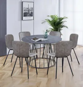 Hallowood Furniture Cullompton Large 120cm Round Table with 6 Light Grey Leather Effect Chairs