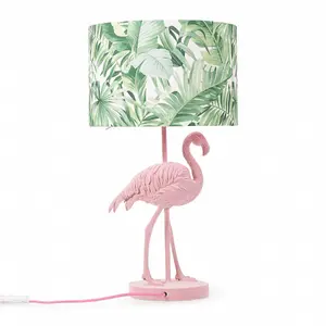 ValueLights Pink Velvet Flamingo Bedside Table Lamp with Tropical Palm Leaf Drum Lampshade Animal Light - Bulb Included