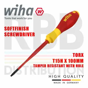 Wiha Torx Screwdriver T15H SlimFix Fit SoftFinish VDE Electrician Security 41142