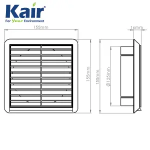 Kair White Louvred Wall Vent Grille 155mm External Dimension with Flyscreen and Round 125mm - 5 inch Rear Spigot