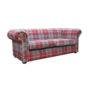 Chesterfield Tartan 1930's 3 Seater Sofa Balmoral Cherry Red Fabric In Classic Style