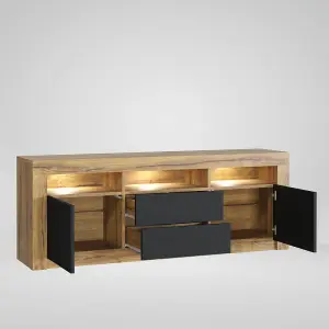 Shine TV Unit 160cm Oak & Black Matt Doors and LED Lighting - Creative Furniture