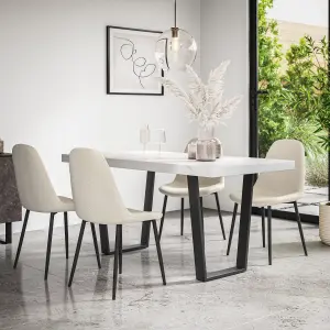 Aria Dining Table And Chairs -  White Marble Effect Table Top w Black Legs + Maya Boucle Dining Chair Set Of 4 (Ivory White)