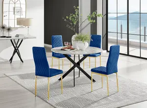 Furniturebox UK Novara White Marble Black Leg 120cm Round Dining Table & 4 Navy Velvet Milan Gold Leg Chairs