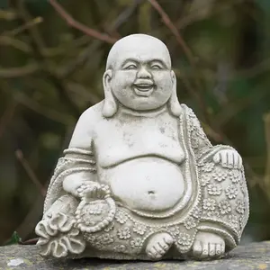 Laughing Buddha Stone Statue Oriental Monk Outdoor Garden Decoration British Made Ornament