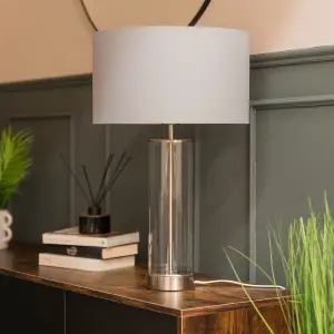 ValueLights Balan Brushed Chrome Table Lamp with Grey Drum Shade