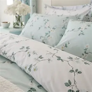 Dunelm Edith Duck Egg Floral Reversible Duvet Cover And Pillowcase Set, Floral, Size: Single, Blue, Duck Egg, Polycotton