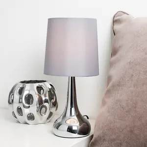 ValueLights Chrome Teardrop Touch Bed Side Table Lamps with Grey Fabric Shade With 5w LED Bulb 3000K Warm White