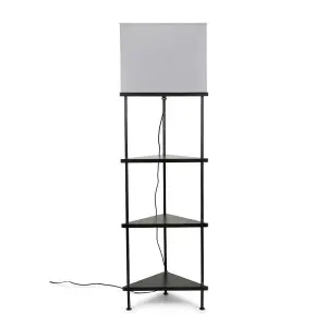 ValueLights Taska Black Wooden 3 Tier Corner Floor Lamp with Grey Fabric Shade and Storage Shelves - Bulb Included