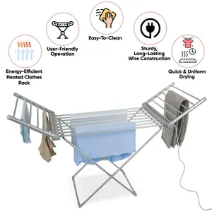 Indoor Electric Heated Clothes Airer Laundry Clothes Dryer Foldable Winged Rails