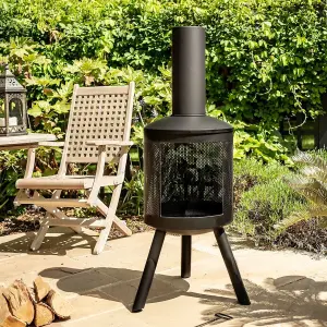 Black Maxima Chimenea - Metal Outdoor Garden Patio Log Wood Burner Fire Pit with Mesh Sides & 360 Flame View - H125 x 40cm