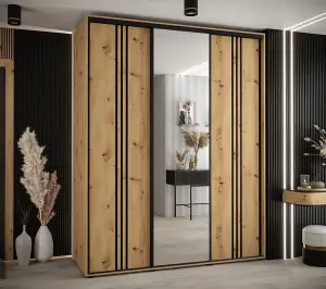 Rustic Oak Artisan Cannes VII Sliding Wardrobe H2050mm W2000mm D600mm with Custom Black Steel Handles and Decorative Strips