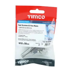 Timco - Set Screws & Hex Nuts - Stainless Steel (Size M10 x 50 - 2 Pieces)