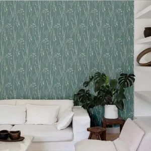 Grandeco Halm Grass & Flower Sprigs Blown Vinyl Wallpaper, Green