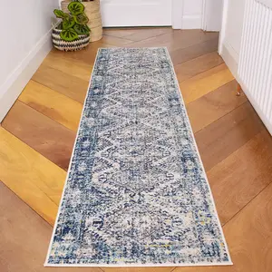 Navy Blue Grey Bordered Geometric Distressed Runner Rug 60x240cm