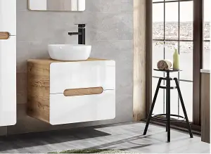 Bathroom Furniture Set with Tall Unit & 600 Vanity Cabinet with Countertop Sink White Gloss Oak Arub