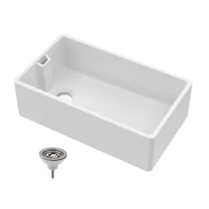 Single Bowl Fireclay Belfast Kitchen Sink & Basket Strainer Waste, 795 x 460 x 254mm