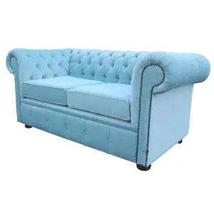 Chesterfield 2 Seater Sofa Settee Velluto Duck Egg Blue Fabric In Classic Style