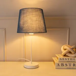 ValueLights Charles White Single Stem Table Lamp with Navy Blue Tapered Lamp Shade and LED Bulb