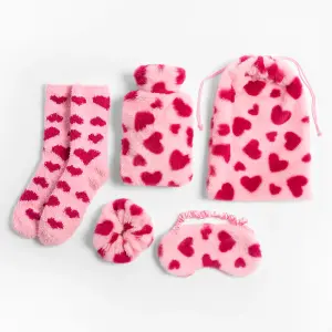 OHS Cosy Fleece Gift Set Womens Christmas Winter Hot Water Bottle 5PC - Pink