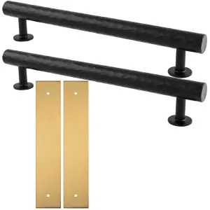 2 PACK - Pull Handle & Contrasting Backplate Set - Hammered Round T Bar - Matt Black & Satin Brass