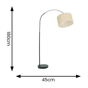 ValueLights Louis Black Arched Curved Floor Lamp with Natural Fabric Drum Lamp Shade