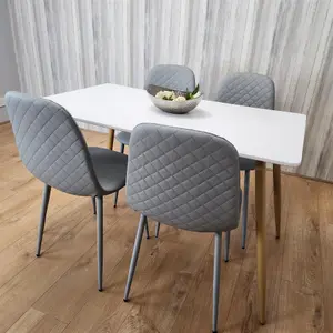 Wooden Dining Table with 4 Grey Gem Patterned Chairs White Table with Grey Chairs