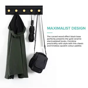 LIVIVO Wall Mounted Floating Coat Rack - Modern, Sleek, Space-Saving Clothes Hanger with 5 Hooks - Black & Gold