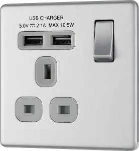 BG Electrical FBS21U2G Nexus Screwless Flat-Plate Single Switched Plug Socket Brushed Steel Grey Insert 2 USB 2.1A