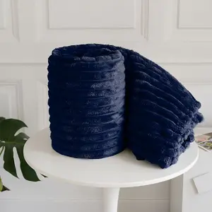 Chunky Ribbed Cord Faux Fur Velvet Touch Sofa Bed Throwover Soft touch Blanket Navy (150 x 200CM)