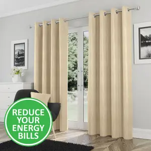 Enhanced Living Goodwood Cream Thermal, Energy Saving, Dimout Eyelet Pair of Curtains with Wave Pattern 90 x 72 inch (229x183cm)