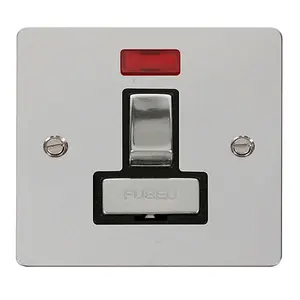 Flat Plate Polished Chrome 13A Fused Ingot Connection Unit Switched With Neon - Black Trim - SE Home