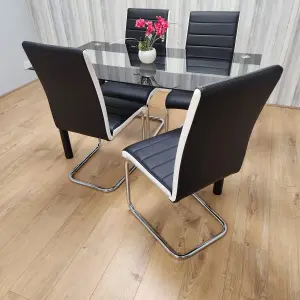 Dining Table Set of 4 Black Clear Table and Faux Leather Padded Chrome Black White Kitchen Chairs Dining Sets