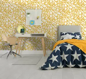 Squiggle Ochre/White Children's Wallpaper