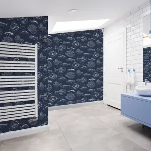 Contour Into the deep Navy & white Oceanic Textured Wallpaper