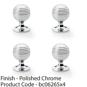 4 PACK - Reeded Ball Door Knob - 38mm Diameter Polished Chrome Lined Cupboard Pull Handle