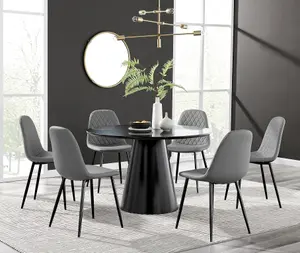 Furniturebox UK Palma Black Semi Gloss Round Pedestal Dining Table & 6 Grey Faux Leather Corona Black Leg Chairs