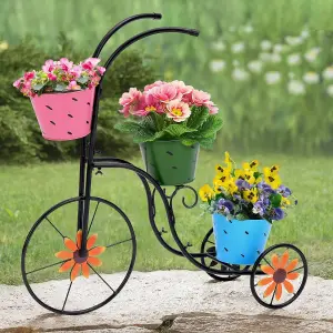 Metal Bicycle Planter Basket Stand - Decorative Flower Pot Cart for Garden Patio Deck Entry and Porch Décor