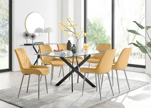 Furniturebox UK Leonardo Black Leg Glass Dining Table & 6 Mustard Pesaro Silver Leg Chairs