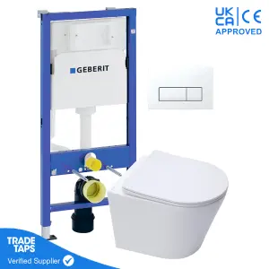 White Wall Hung Toilet Pan with Geberit Concealed Cistern Frame 112cm & Delta50 White Flush Plate