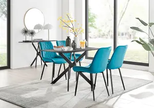 Furniturebox UK Leonardo Grey Glass Marble Effect Black Leg Table & 4 Blue Pesaro Black Leg Chairs