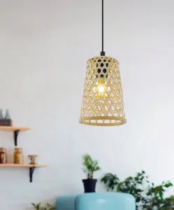 Hanging Ceiling Pendant Light Black & Wicker 1 x 40W E27 Hallway Feature Lamp