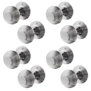 AFIT Beehive Door Knobs Satin Chrome - 4 Pairs of Reeded Mortice Knobs (55mm) for Internal Doors