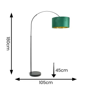 ValueLights Louis Black Arched Floor Lamp with Forest Green Velvet Drum Metallic Gold Inner Shade and LED Bulb