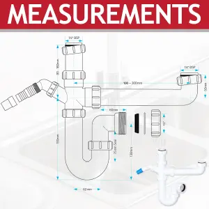 SPARES2GO 40mm Bowl & Half Sink Trap 1.5" Kitchen Appliance Water Discharge 75mm Seal Kit