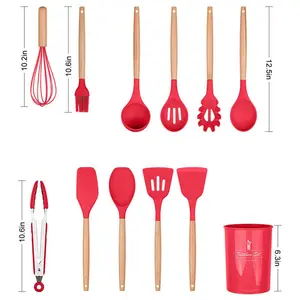 Silicone Cooking Utensils Kitchen Utensil Set, 12 Pieces Natural Wooden Handles Cooking Tool BPA Free Non Toxic Silicone Turner Tongs Spatula Spoon Kitchen Gadgets Utensil Set (Purple) Red